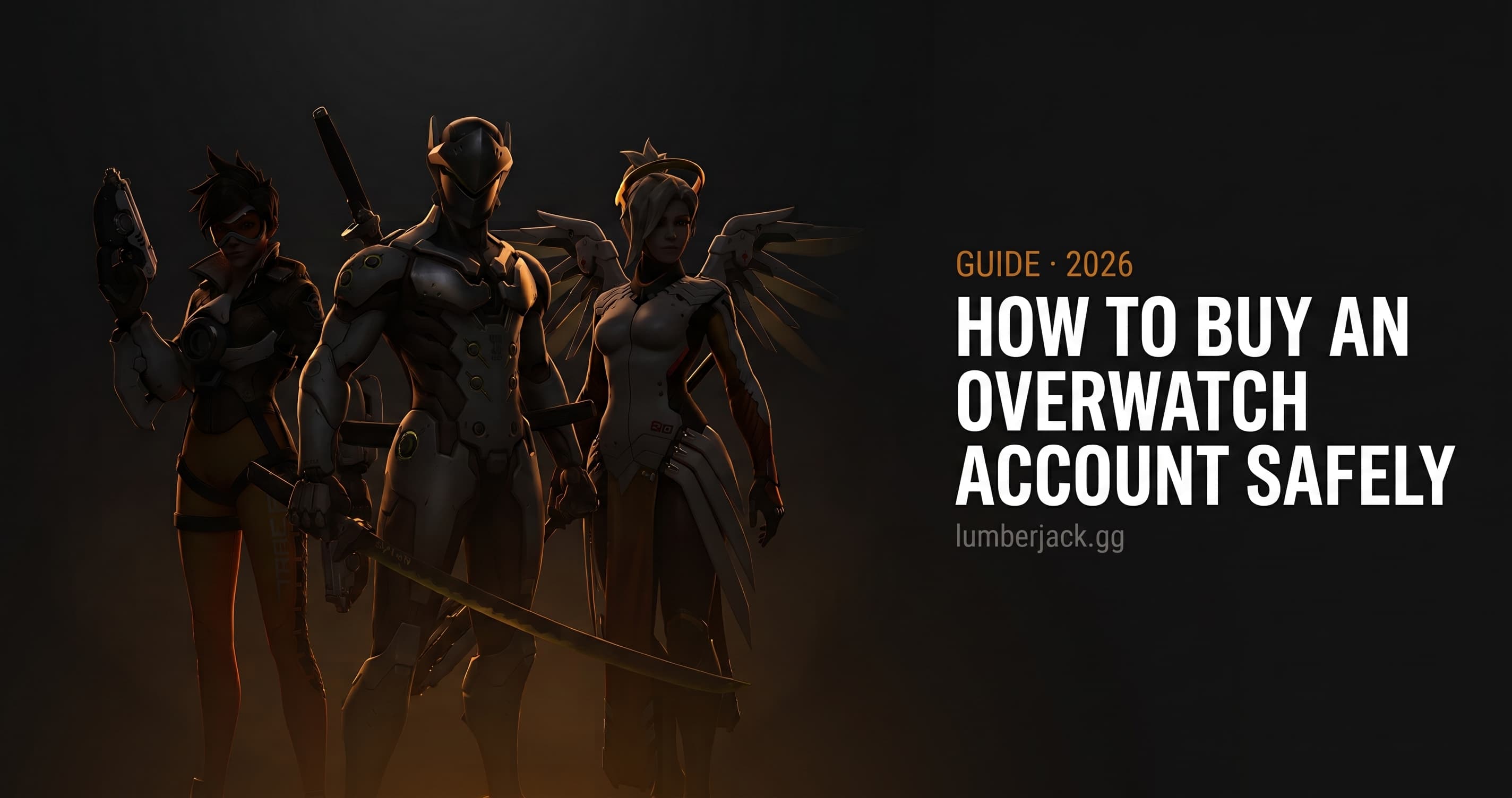 Overwatch characters Tracer Genji and Mercy, guide to buying Overwatch accounts safely on lumberjack.gg